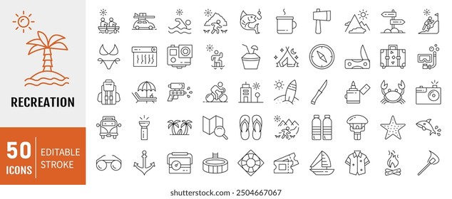 Recreation line icon set. Containing hiking, tour, travel, summer, beach, holiday, vacation icons. Vector Illustration