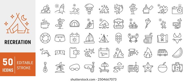 Recreation line icon set. Containing hiking, tour, travel, summer, beach, holiday, vacation icons. Vector Illustration