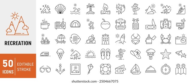 Symbolsatz für Erholungszeile. Enthalten Wandern, Tour, Reisen, Sommer, Strand, Urlaub, Urlaub Icons. Vektorgrafik