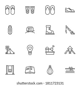 Recreation line icons set, outline vector symbol collection, linear style pictogram pack. Signs, logo illustration. Set includes icons as swimming flippers, summer sandal, hiking boot, camping tent