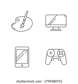 Recreation linear icons set. Artist palette and paintbrush. Art and craft material. Creative supplies. Customizable thin line contour symbols. Isolated vector outline illustrations. Editable stroke