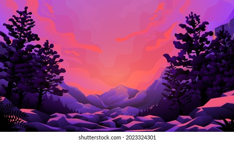 Recreation in nature. Beautiful sunset in mountains on rocky terrain.