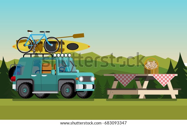 Recreation in nature. Car with\
boat and bike in the nature. The concept of camping and outdoor\
recreation. Flat style. Flat design. Vector illustration Eps10\
file