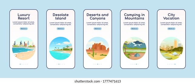 Recreation in nature onboarding mobile app screen flat vector template. Desolate island, canyon. Walkthrough website steps with characters. UX, UI, GUI smartphone cartoon interface, case prints set