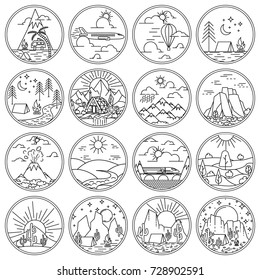 Recreation in nature and tourism scenes icons set. Round Linear icons and logo design elements with nature landscapes. Vector illustration