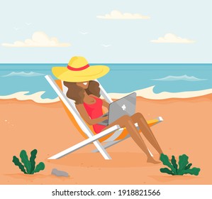 Recreation near sea vector illustration. Busy girl is sitting in sun lounger and working on laptop remotely. Character freelancing and tanning at resort. Woman working on freelance at sandy beach