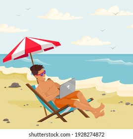 Recreation Near Sea Vector Illustration. Busy Guy Is Sitting In Sun Lounger And Working On Laptop Remotely. Character Freelancing And Tanning At Resort. Man Working On Freelance At Sandy Beach