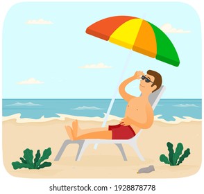 Recreation near sea vector illustration. Smiling guy is sitting in sun lounger under umbrella and tanning. Cartoon character is sunbathing at resort. Man resting and spending time at sandy beach