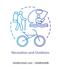 Recreation, outdoor activities concept icon. Active rest, hiking, riding bicycle idea thin line illustration. Lake tourism, river vacation, fishing. Vector isolated outline drawing. Editable stroke