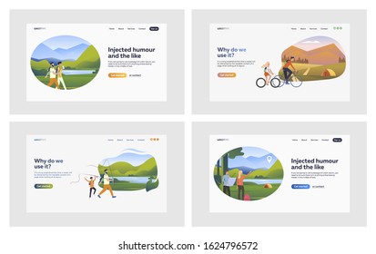Recreation outdoors set. Active tourists hiking, fishing, riding bike, camping. Flat vector illustrations. Adventure tourism, landscape, summer concept for banner, website design or landing web page
