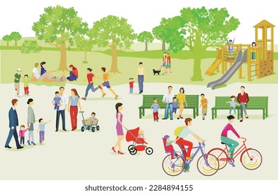 Recreation in the park with families, illustration