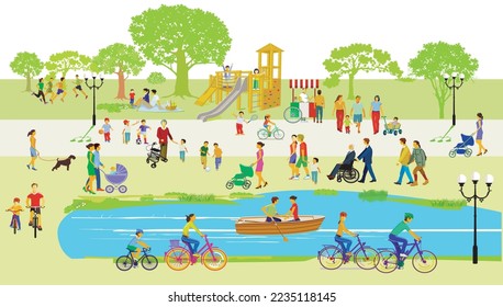 Recreation in the park with families and other people, illustration