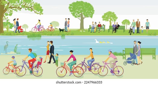 Recreation in the park with families and other people, illustration