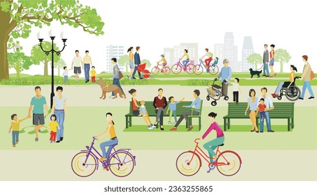 Recreation in the park with families and other people, illustration