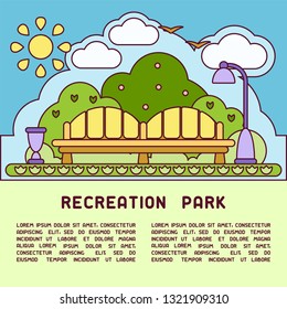 Recreation park geometric concept with bench, lamp and sample text. Contour style vector illustration. Suitable for advertising or information poster