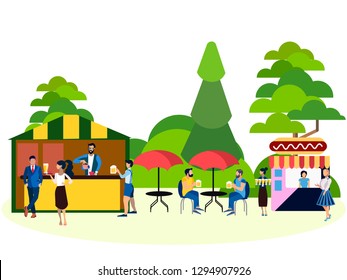 Recreation park, people and food area. In minimalist style. Cartoon flat Vector Illustration