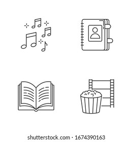 Recreation pixel perfect linear icons set. Musical notation. Write in notebook. Leisure activities. Customizable thin line contour symbols. Isolated vector outline illustrations. Editable strokes