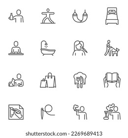 Recreation and relaxation line icons set, outline vector symbol collection, linear style pictogram pack. Signs, logo illustration. Set includes icons as book reading, smoking, sleeping, shopping