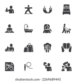 Recreation and relaxation vector icons set, modern solid symbol collection, filled style pictogram pack. Signs, logo illustration. Set includes icons as book reading, smoking, sleeping, shopping