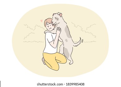 Recreation, resting, play, pet, embrace, friendship, love, devotion, childhood concept. Boy child kid hugging happy dog domestic animal in public park outside. Summertime leisure activity illustration