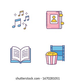 Recreation RGB color icons set. Musical notation. Sound notes. Personal diary. Movie night. Write in notebook. Hobbies for relaxation. Leisure activities. Isolated vector illustrations