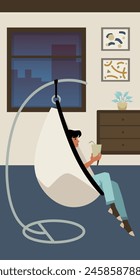 Recreation room with hanging swing. Vector scene shows a woman sipping a cocktail on a stylish hanging chair by the window, perfect for a homey feel. Flat illustration.