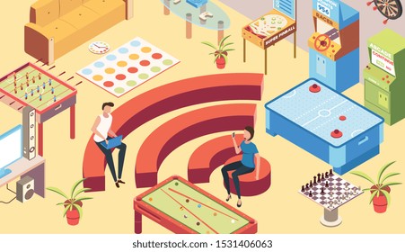 Recreation room isometric background with billiards twister and table tennis vector illustration