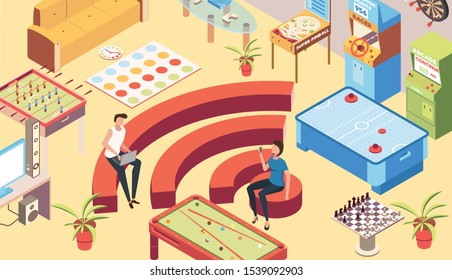 Recreation room isometric background with wifi zone  symbols vector illustration