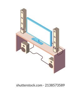 Composición isométrica de la sala de recreo con imagen aislada de la mesa de cine en casa tv con altavoces ilustraciones vectoriales