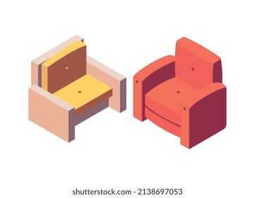 Composición isométrica de la sala de recreación con imágenes aisladas de dos sillones blandos sobre fondo blanco ilustración vectorial