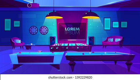 Recreation room for leisure interior in house basement at night with light, darts, TV on wall, projector on ceiling, hockey, billiard and football, soccer tabletop games. Cartoon vector illustration