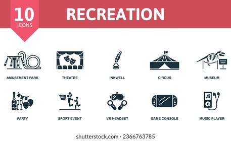Recreation set. Creative icons: museum, award, ticket, dance, popcorn, television, party, sport event, vr headset, game console, music player.