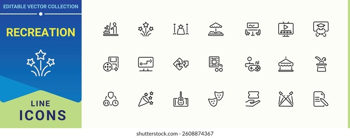 Recreation simple icon set. Containing travel, festival, vacation, celebration, party and more. Entertainment line icon. Expanded stroke icons. Vector artwork and illustration.