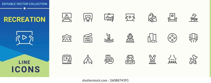 Recreation simple icon set. Containing travel, festival, vacation, celebration, party and more. Entertainment line icon. Expanded stroke icons. Vector artwork and illustration.