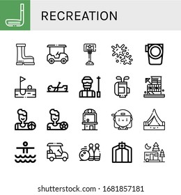 recreation simple icons set. Contains such icons as Golf stick, Boots, Golf cart, Basketball, Paintball, Paddle, Golf, Canoe, Ski, bag, can be used for web, mobile and logo