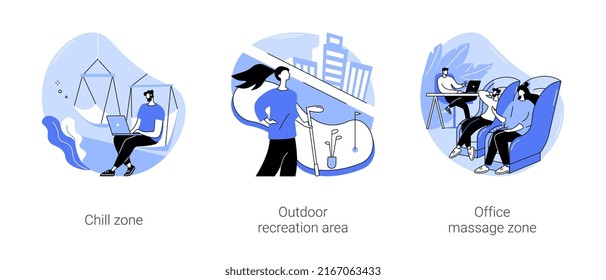 Recreation in smart office isolated cartoon vector illustrations set. Chill zone and outdoor recreation area, office massage zone, modern workplace, relax time at job, wellness vector cartoon. - Shutterstock ID 2167063433