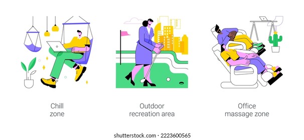 Recreation in smart office isolated cartoon vector illustrations set. Chill zone and outdoor recreation area, office massage zone, modern workplace, relax time at job, wellness vector cartoon.