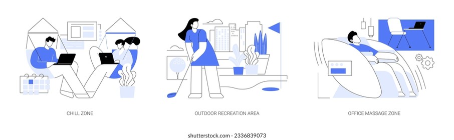 Recreation in smart office isolated cartoon vector illustrations set. Chill zone and outdoor recreation area, office massage zone, modern workplace, relax time at job, wellness vector cartoon.