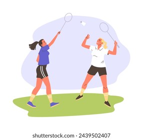 Freizeit- und Sportkonzept. Charaktere genießen ein Badmintonspiel in einer hellen flachen Vektor-Illustration, die Aktivitäten im Freien darstellt. Ideal für sportliche Aktionen und Werbekonzepte.