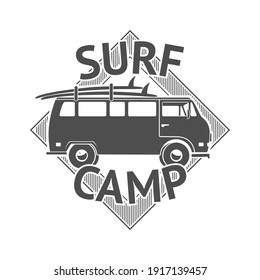 Recreation surf camp badge. Surfing club, sport camping or zone label. Monochrome isolated active lifestyle vector banner