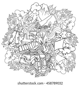 Recreation. Tourism and camping. Hand drawn doodle Elements - vector illustration. travel Components. Coloring book for adults.