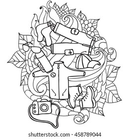 Recreation. Tourism and camping. Hand drawn doodle Elements - vector illustration. travel Components. Coloring book for adults.