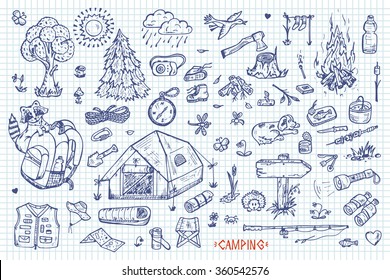 Recreation. Tourism and camping set. Hand drawn doodle Camping Elements - vector illustration