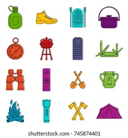 Recreation tourism icons set. Doodle illustration of vector icons isolated on white background for any web design