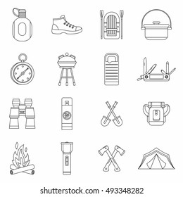 Recreation tourism icons set in outline style. Camping equipment set collection vector illustration