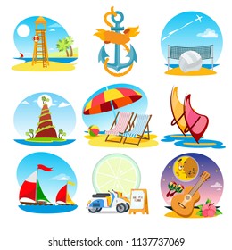 Recreation and tourism on the coast set of illustrations. Elements for infographics.