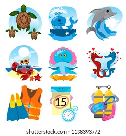 Recreation and tourism on the coast set of illustrations. Elements for infographics.