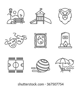 Recreation, tourism and sport buildings signs set. For use with maps and internet services interfaces. Thin line art icons. Linear style illustrations isolated on white.