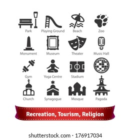 Recreation, Tourism, Sport And Religion Buildings Icon Set. For Use With Maps And Internet Services Interfaces.