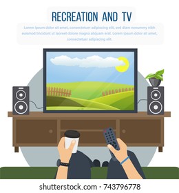 Recreation and tv concept. Man watching television. Man lying on sofa in front of television screen holding mug of hot beverage coffee. Relax at home on couch in room. Vector illustration isolated.